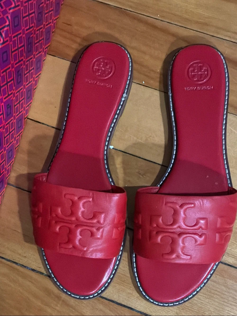 Tory Burch Red Embossed Logo Slide Sandals